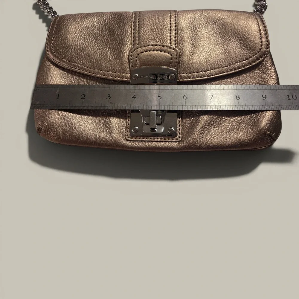Michael Kors Rose Gold Metallic Leather Shoulder Bag Chain Strap Push Lock Small